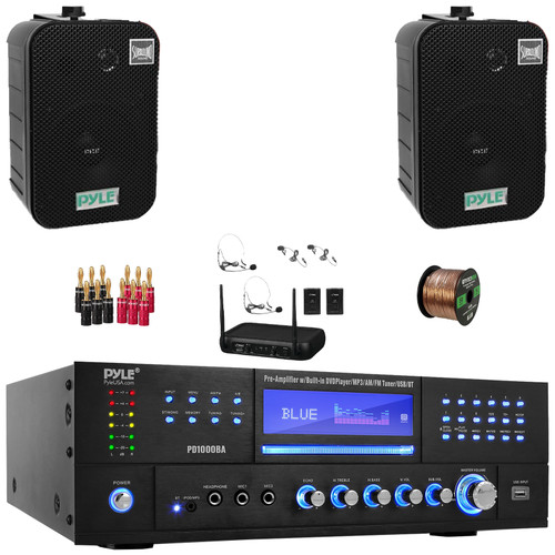 Pyle PD1000BA Bluetooth USB MP3 AM/FM Home Theater Preamplifier Receiver, 2x 5.25" 400W Max Power Waterproof Indoor/Outdoor Black Speakers, VHF Wireless Microphone System, Banana Plugs, Speaker Wire