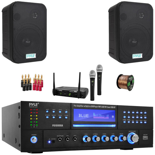 Pyle PD1000BA Bluetooth USB MP3 AM/FM Home Theater Preamplifier Receiver, 2x 6.5" 500 Watt Max Power Indoor/Outdoor Waterproof Black Speakers, Wireless Microphone System, Banana Plugs, Wire