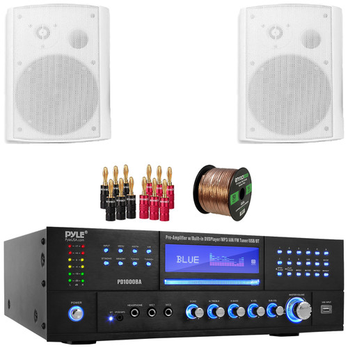 Pyle PD1000BA Bluetooth USB MP3 Player AM/FM Radio Home Theater Preamplifier Receiver, 2x Pyle PDWR50W 6.5" 500 Watt Max Power Indoor/Outdoor Waterproof White Speakers, Banana Plugs, Speaker Wire