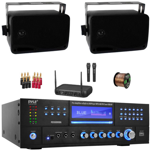 Pyle PD1000BA Bluetooth USB MP3 AM/FM Home Theater Preamplifier Receiver, 2x 3.5" 200W Max Power 3-Way Indoor/Outdoor Wall Mount Black Speakers, VHF Wireless Microphone System, Banana Plugs, Wire