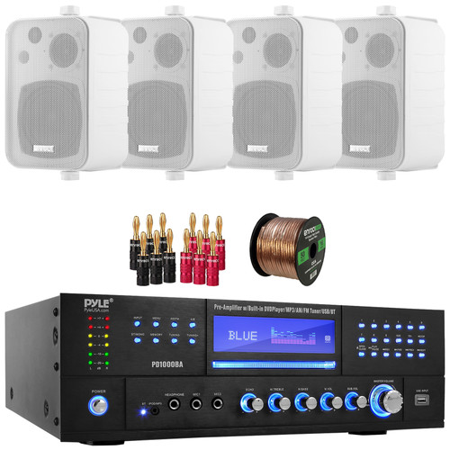 Pyle PD1000BA Bluetooth USB MP3 Player AM/FM Radio Home Theater Preamplifier Receiver, 4x Enrock EKMR408W 4" 30 Watt Max Power 3-Way Indoor/Outdoor White Speakers, Banana Plugs, Speaker Wire