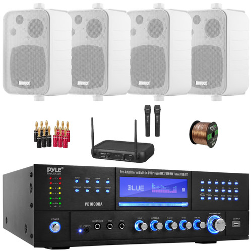 Pyle PD1000BA Bluetooth USB MP3 AM/FM Home Theater Preamplifier Receiver, 4x 4" 30 Watt Max Power 3-Way Indoor/Outdoor White Speakers, VHF Wireless Microphone System, Banana Plugs, Wire