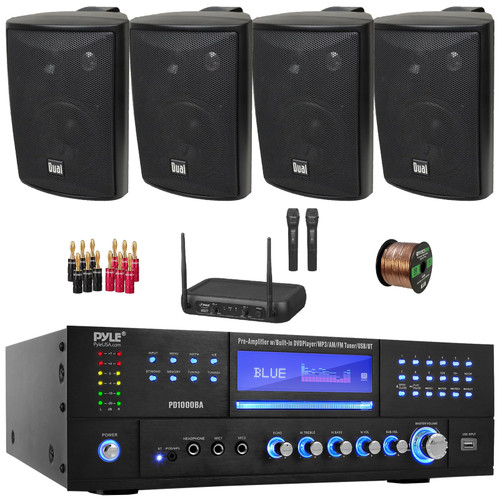 Pyle PD1000BA Bluetooth USB MP3 AM/FM Home Theater Preamplifier Receiver, 4x 4" 200 Watt Max Power 3-Way Indoor/Outdoor Black Speakers, VHF Wireless Microphone System, Banana Plugs, Wire