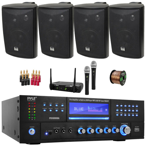 Pyle PD1000BA Bluetooth USB MP3 AM/FM Home Theater Preamplifier Receiver, 4x 4" 200 Watt Max Power 3-Way Indoor/Outdoor Black Speakers, Wireless Microphone System, Banana Plugs, Wire