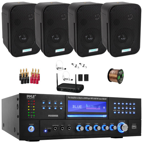 Pyle PD1000BA Bluetooth USB MP3 AM/FM Home Theater Preamplifier Receiver, 4x 3.5" 300W Max Power Indoor/Outdoor Black Waterproof Speakers, VHF Wireless Microphone System, Banana Plugs, Speaker Wire