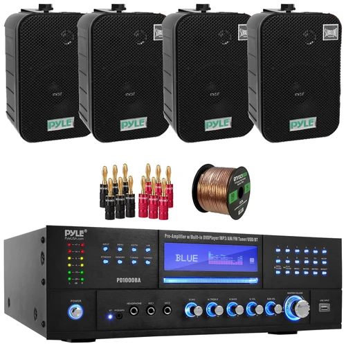 Pyle PD1000BA Bluetooth USB MP3 Player AM/FM Radio Home Theater Preamplifier Receiver, 4x Pyle PDWR40B 5.25" 400 Watt Max Power Waterproof Indoor/Outdoor Black Speakers, Banana Plugs, Speaker Wire