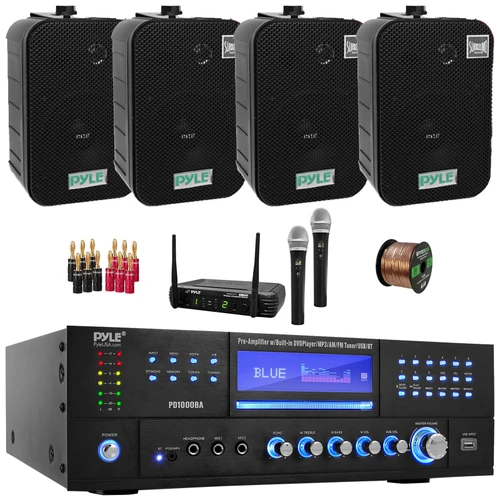 Pyle PD1000BA Bluetooth USB MP3 AM/FM Home Theater Preamplifier Receiver, 4x 5.25" 400 Watt Max Power Waterproof Indoor/Outdoor Black Speakers, Wireless Microphone System, Banana Plugs, Wire