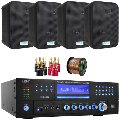Pyle PD1000BA Bluetooth USB MP3 Player AM/FM Radio Home Theater Preamplifier Receiver, 4x Pyle PDWR50B 6.5" 500 Watt Max Power Indoor/Outdoor Waterproof Black Speakers, Banana Plugs, Speaker Wire