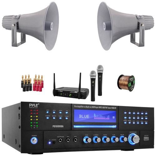 Pyle PD1000BA Bluetooth USB MP3 AM/FM Home Theater Preamplifier Receiver, 2x Pyle PHSP12 12.7" 60 Watt RMS Indoor/Outdoor PA Horn Gray Speakers, Wireless Microphone System, Banana Plugs, Wire