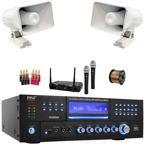 Pyle PD1000BA Bluetooth USB MP3 AM/FM Home Theater Preamplifier Receiver, 2x Pyle PHSP4 6" 50 Watt Max Power 8-Ohms Indoor/Outdoor PA Horn Speakers, Wireless Microphone System, Banana Plugs, Wire