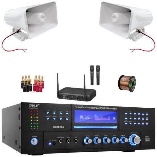 Pyle PD1000BA Bluetooth USB MP3 AM/FM Home Theater Preamplifier Receiver, 2x 8" 65 Watt Max Power 8-Ohms Indoor/Outdoor PA Horn Speakers, VHF Wireless Microphone System, Banana Plugs, Wire