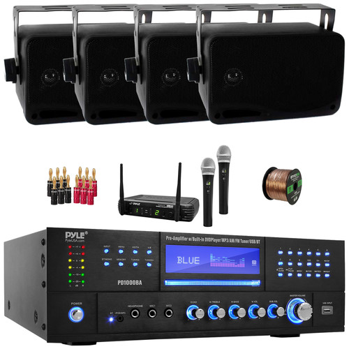 Pyle PD1000BA Bluetooth USB MP3 AM/FM Home Theater Preamplifier Receiver, 4x 3.5" 200 Watt Max Power 3-Way Indoor/Outdoor Wall Mount Black Speakers, Wireless Microphone System, Banana Plugs, Wire