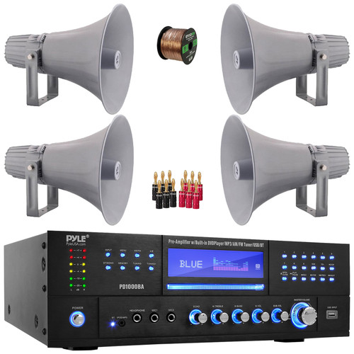 Pyle PD1000BA Bluetooth USB MP3 Player AM/FM Radio Home Theater Preamplifier Receiver, 4x Pyle PHSP12 12.7" 60 Watt RMS Indoor/Outdoor PA Horn Gray Speakers, Banana Plugs, Speaker Wire