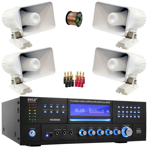 Pyle PD1000BA Bluetooth USB MP3 Player AM/FM Radio Home Theater Preamplifier Receiver, 4x Pyle PHSP4 6" 50 Watt Max Power 8-Ohms Indoor/Outdoor PA Horn Speakers, Banana Plugs, Speaker Wire