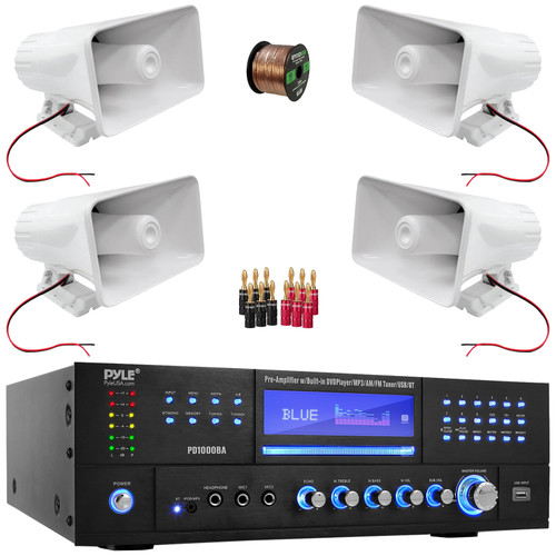 Pyle PD1000BA Bluetooth USB MP3 Player AM/FM Radio Home Theater Preamplifier Receiver, 4x Pyle PHSP5 8" 65 Watt Max Power 8-Ohms Indoor/Outdoor PA Horn Speakers, Banana Plugs, Speaker Wire