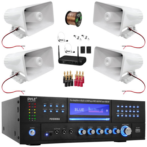 Pyle PD1000BA Bluetooth USB MP3 AM/FM Home Theater Preamplifier Receiver, 4x 8" 65 Watt Max Power 8-Ohms Indoor/Outdoor PA Horn Speakers, VHF Wireless Microphone System, Banana Plugs, Speaker Wire