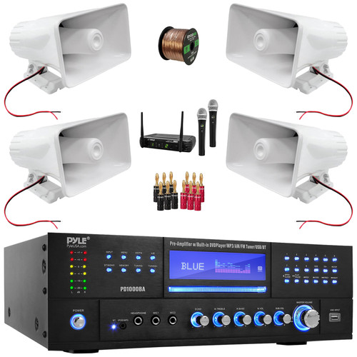 Pyle PD1000BA Bluetooth USB MP3 AM/FM Home Theater Preamplifier Receiver, 4x Pyle PHSP5 8" 65 Watt Max Power 8-Ohms Indoor/Outdoor PA Horn Speakers, Wireless Microphone System, Banana Plugs, Wire