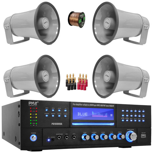 Pyle PD1000BA Bluetooth USB MP3 Player AM/FM Radio Home Theater Preamplifier Receiver, 4x Pyle PHSP8K 8.1" 50 Watt Max Power Indoor/Outdoor PA Horn Gray Speakers, Banana Plugs, Speaker Wire