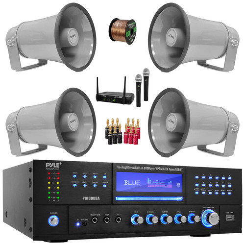 Pyle PD1000BA Bluetooth USB MP3 AM/FM Home Theater Preamplifier Receiver, 4x Pyle PHSP8K 8.1" 50 Watt Max Power Indoor/Outdoor PA Horn Gray Speakers, Wireless Microphone System, Banana Plugs, Wire