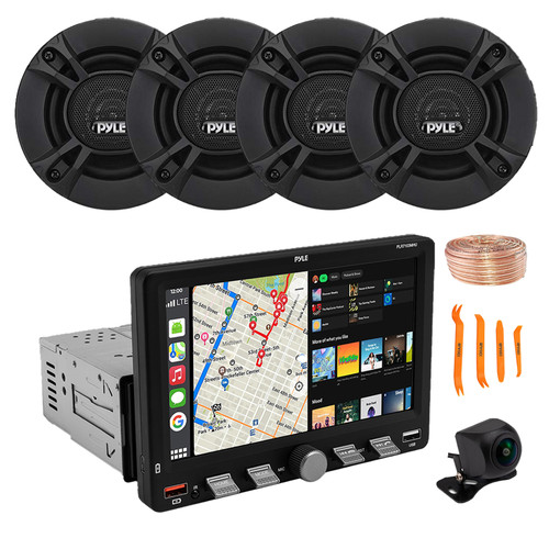 Pyle PLR7103MHU 7" Touchscreen Single Din Bluetooth AM/FM Stereo Receiver, Night Vision Backup Camera, 4x 4'' 240W 2-Way Audio Speakers, Wire, Pry Tool