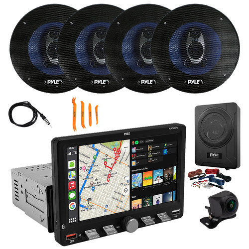 Pyle PLR7103MHU 7" Touchscreen Single Din Bluetooth AM/FM Stereo Receiver, Night Vision Backup Camera, 4x 5.25'' 200W 3-Way Audio Speakers, 8" Amplified Subwoofer w/Wiring Kit, Antenna, Pry Tool