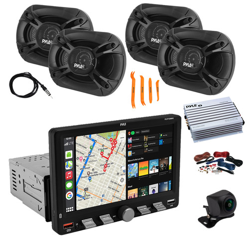 Pyle PLR7103MHU 7" Touchscreen Single Din Bluetooth AM/FM Stereo Receiver, Night Vision Backup Camera, 4x 6x8'' 400W 3-Way Audio Speakers, Amplifier w/Wiring Kit, Antenna, Pry Tool