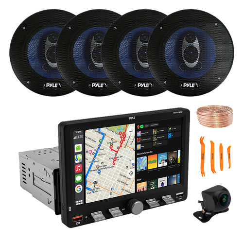 Pyle PLR7103MHU 7" Touchscreen Single Din Bluetooth AM/FM Stereo Receiver, Night Vision Backup Camera, 4x 6.5'' 360W 3-Way Audio Speakers, Wire, Pry Tool
