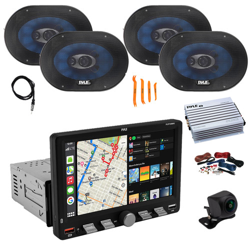Pyle PLR7103MHU 7" Touchscreen Single Din Bluetooth AM/FM Stereo Receiver, Night Vision Backup Camera, 4x 6x9'' 400W 4-Way Audio Speakers, Amplifier w/Wiring Kit, Antenna, Pry Tool