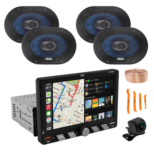 Pyle PLR7103MHU 7" Touchscreen Single Din Bluetooth AM/FM Stereo Receiver, Night Vision Backup Camera, 4x 6x9'' 400W 4-Way Audio Speakers, Wire, Pry Tool