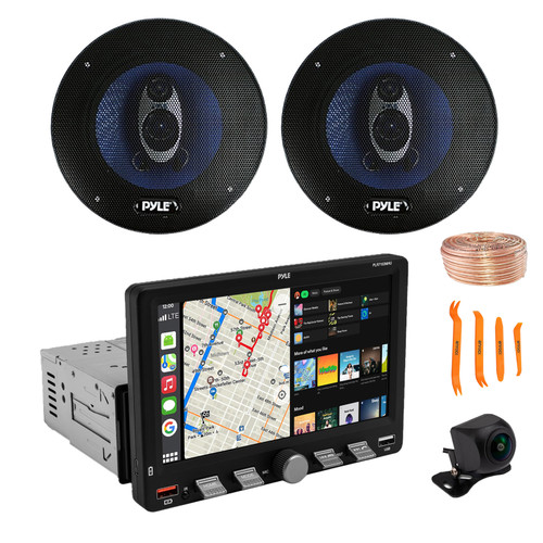 Pyle PLR7103MHU 7" Touchscreen Single Din Bluetooth AM/FM Stereo Receiver, Night Vision Backup Camera, 2x 5.25'' 200W 3-Way Audio Speakers, Wire, Pry Tool