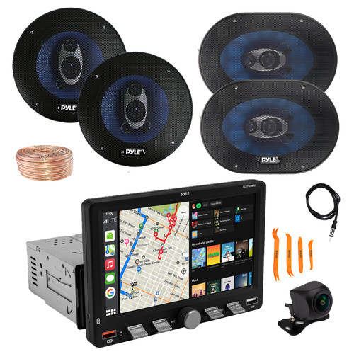 Pyle PLR7103MHU 7" Touchscreen Single Din Bluetooth AM/FM Stereo Receiver, Night Vision Backup Camera, 2x 6.5'' 360W Audio Speakers + 2x 6x9" 400W Audio Speakers, Wire, Antenna, Pry Tool