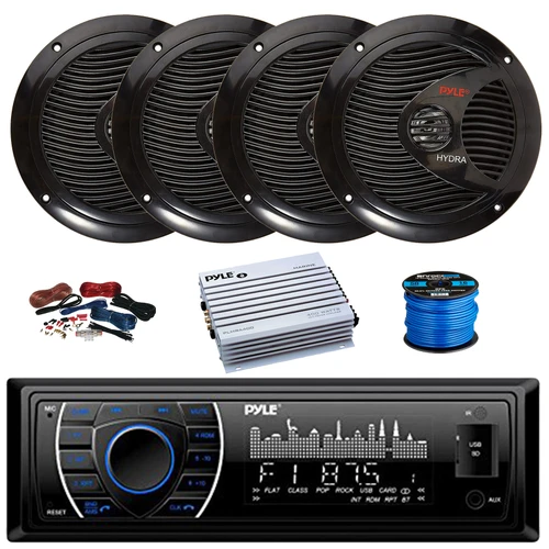 Pyle PLRMR27BTB Single DIN Marine Bluetooth USB/AUX MP3 Player AM/FM Radio In-Dash Stereo Receiver, 4x 6.5" 150W Max Full Range Dual Cone Black Boat Speakers, 4-Channel Amplifier w/Kit, Speaker Wire