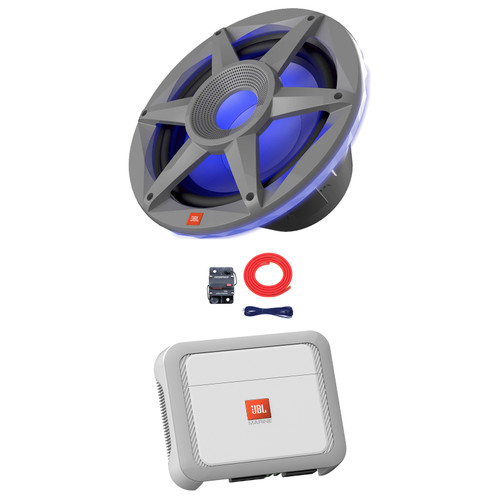 JBL Stadium Marine 102 10" 900 Watt Max Power RGB LED Gray Marine Subwoofer With SSI (Single), 350 Watt x 1 @ 4 Ohms Mono Class D Boat Amplifier, 8 Gauge Amplifier Wiring Kit