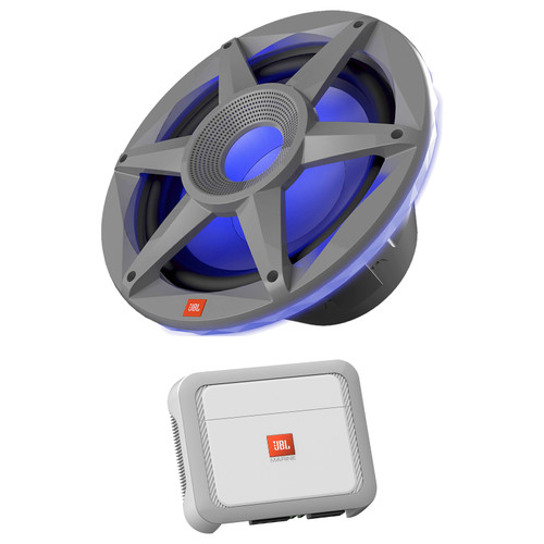 JBL Stadium Marine 102 10" 900 Watt Max Power RGB LED Gray Marine Subwoofer With SSI (Single), 350 Watt x 1 @ 4 Ohms Mono Class D Boat Amplifier