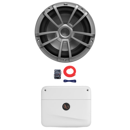 JBL Stage Marine 10" 600 Watt Max Power Gray Marine Audio Subwoofer (Single), 1200 Watt Max Power Mono Class D Boat Amplifier, 8 Gauge Amplifier Wiring Kit