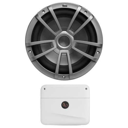 JBL Stage Marine 10" 600 Watt Max Power Gray Marine Audio Subwoofer (Single), 1200 Watt Max Power Mono Class D Boat Amplifier