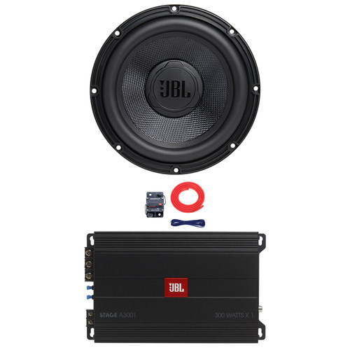 JBL STADIUM102SSI 10" 1350 Watt Max Power High Performance Car Audio Subwoofer (Single), 300 Watt RMS Full-Range Class D Mono Automotive Subwoofer Amplifier, 8 Gauge Amplifier Wiring Kit