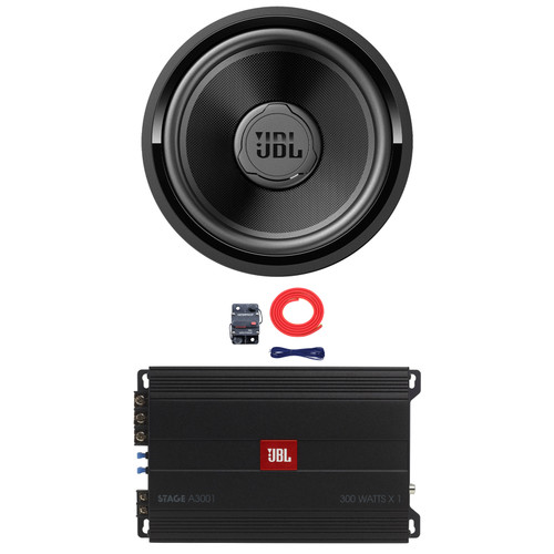 JBL STADIUM122SSI 12" 1500 Watt Max Power High Performance Car Audio Subwoofer with SSI (Single), 300 Watt RMS Full-Range Class D Mono Automotive Subwoofer Amplifier, 8 Gauge Amplifier Wiring Kit