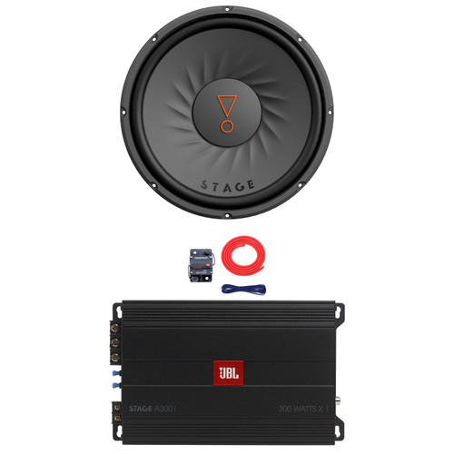 JBL STAGE 102 10" 900 Watt Max Power Car Audio Subwoofer (Single), 300 Watt RMS Full-Range Class D Mono Automotive Subwoofer Amplifier, 8 Gauge Amplifier Wiring Kit