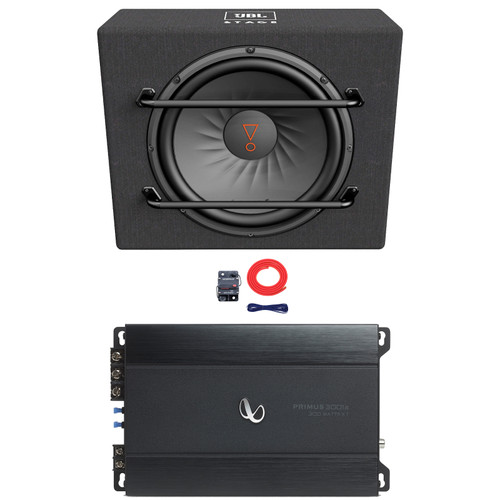 JBL Stage 1200S 12" 1000 Watt Max Power Car Audio Subwoofer Sealed Enclosure (Single), 300 Watt RMS Compact Mono Automotive Subwoofer Amplifier, 8 Gauge Amplifier Wiring Kit
