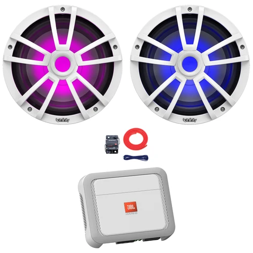 2x Infinity Reference 10" 750 Watt Max Power Multi-Element White RGB LED Marine Audio Subwoofer, 350 Watt x 1 @ 4 Ohms Mono Class D Boat Amplifier, 8 Gauge Amplifier Wiring Kit