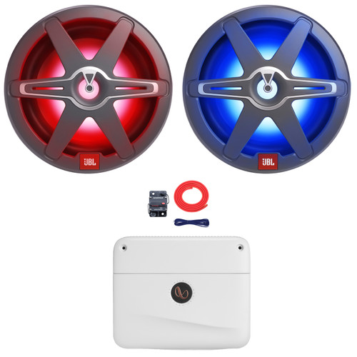 One Pair (QTY 2) Of JBL Club 10 10" 900 Watt Max Power High-Performance RGB LED Marine Audio Subwoofer with Grilles, 1200 Watt Max Power Mono Class D Boat Amplifier, 8 Gauge Amplifier Wiring Kit
