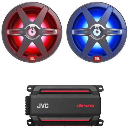 2x JBL Club 10 10" 900 Watt Max Power High-Performance RGB LED Marine Audio Subwoofer with Grilles, 600W Max Compact Waterproof Digital Boat Mono Amplifier