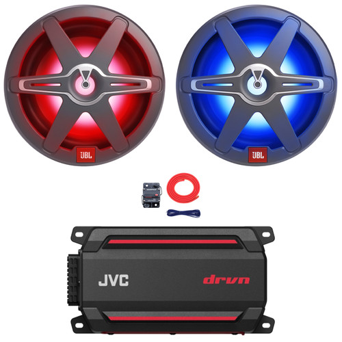 2x JBL Club 10 10" 900 Watt Max Power High-Performance RGB LED Marine Audio Subwoofer with Grilles, 600W Max Compact Waterproof Digital Boat Mono Amplifier, 8 Gauge Amplifier Wiring Kit