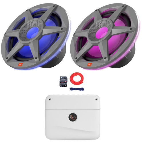 One Pair (QTY 2) Of JBL Stadium Marine 102 10" 900 Watt Max Power RGB LED Gray Marine Subwoofer With SSI, 1200 Watt Max Power Mono Class D Boat Amplifier, 8 Gauge Amplifier Wiring Kit
