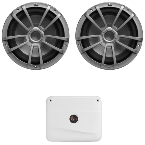 One Pair (QTY 2) Of JBL Stage Marine 10" 600 Watt Max Power Gray Marine Audio Subwoofer, 1200 Watt Max Power Mono Class D Boat Amplifier