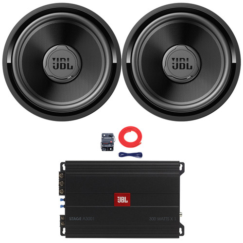 2x JBL STADIUM122SSI 12" 1500 Watt Max Power High Performance Car Audio Subwoofer with SSI, 300 Watt RMS Full-Range Class D Mono Automotive Subwoofer Amplifier, 8 Gauge Amplifier Wiring Kit