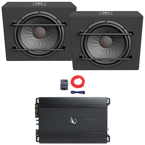 One Pair (QTY 2) Of JBL Stage 1200S 12" 1000 Watt Max Power Car Audio Subwoofer Sealed Enclosure, 300 Watt RMS Compact Mono Automotive Subwoofer Amplifier, 8 Gauge Amplifier Wiring Kit