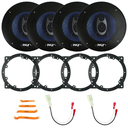 4x Pyle PL63BL 6.5" 360 Watt Max Power 3-Way Car Audio Speakers, 4x Speaker Adapter, 2x Speaker Adaptor Harness, Pry Tool Set (Fits Select 2010-14 Hyundai and Kia Vehicles)