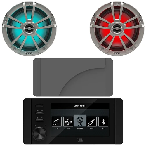 JBL JAM6500N Marine Bluetooth USB-C DAB+ Tuner AM/FM Radio Gauge Style SiriusXM-Ready Receiver w/Cover, 2x Infinity Reference 622MLT 6.5" 225 Watt Max Waterproof Coaxial RGB LED Titanium Boat Speakers